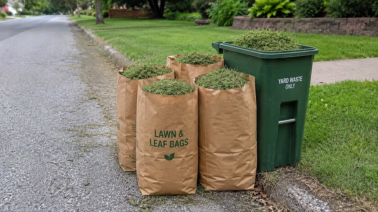 Bags of grass clippings set at the curb for pickup